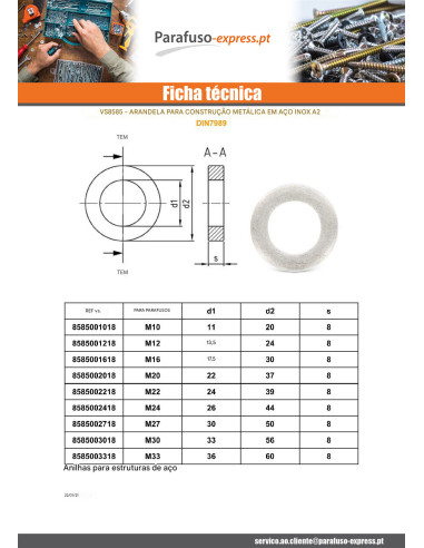 Rondela CONSTRUIR metálica Aço inoxidável A2 M12X24X8