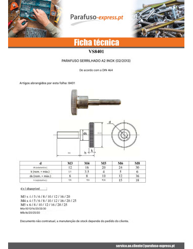 Parafuso de metais recartilhada M8X16 Aço inoxidável A1