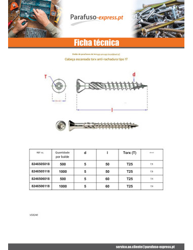 Balde de 500 Parafuso de terraço pico cut 5X50 Aço inoxidável A2 cabeça fresada TORX T25 cut ponto antifenda tipo