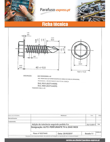 Autoperfurante cabeça hexagonal 6,3X40 Aço inoxidável A2 RAL9005 preto escuro