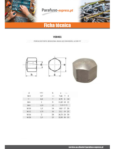Porca cega hexagonal ABAIXO Aço inoxidável A2 M20