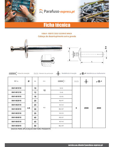 Rebite Cego GODRIVE MINOX cabeça extra larga passante 4,8X40