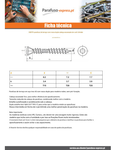 Parafuso de terraço pico cut TEKOR rosca dupla cabeça fresada TORX T25 5X60 Aço inoxidável A2