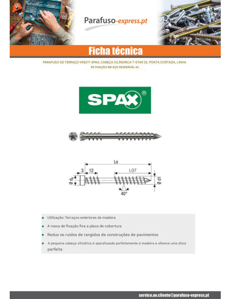 Spax Parafuso de terraço pico cut cabeça cilíndrica TORX T25 5X80 Aço inoxidável A2
