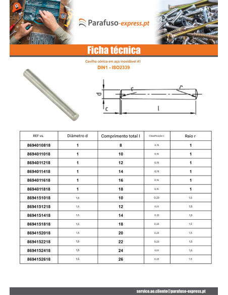 Cavilha cónico 6X36 Aço inoxidável A1 - Parafuso Express