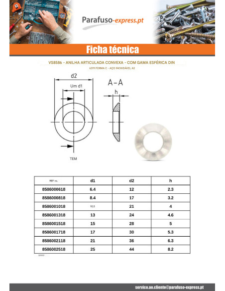 Anilha cónica e esférica forma C Aço inoxidável A2 13X24X4,6