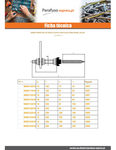 Parafuso de painel solar de rosca dupla com placa 10X200 Aço inoxidável A2