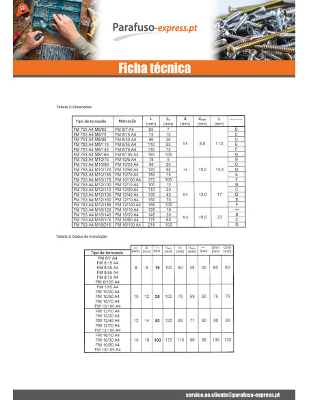 Bucha metálica Fixações M8X90 Aço inoxidável A4