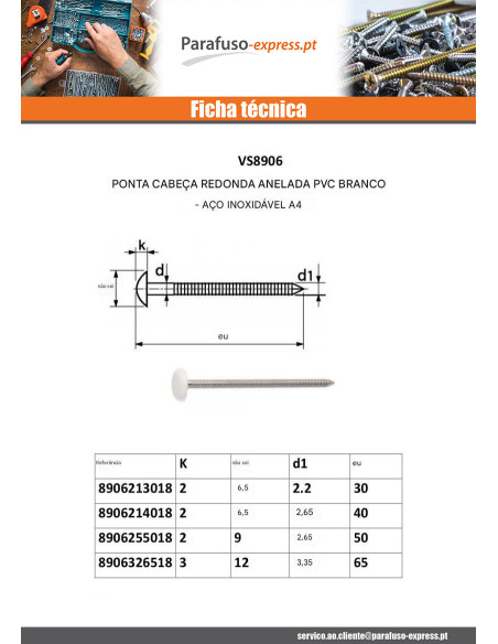 Prego ANELADO cabeça PLASTIFICADO 2,1X30 Aço inoxidável A4