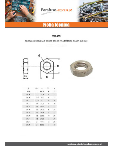 Porca hexagonal baixa hm/contraporca Aço inoxidável A2 M30 passo de rosca fino passo de rosca de 150