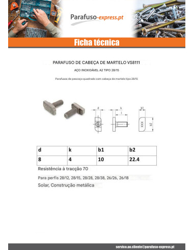 Parafuso de metais cabeça martelo 10X10X4 M8X20 Aço inoxidável A2 para 28/15 perfis