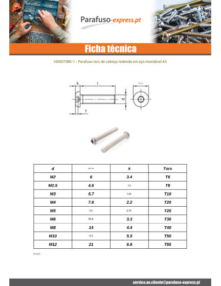 Parafuso de metais cabeça cabeça panela TORX T30 M6X14 rosca total Aço inoxidável A2