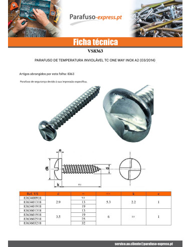 Parafuso de chapa Seguro cabeça cilíndrica ONE WAY 4,8X38 Aço inoxidável A2