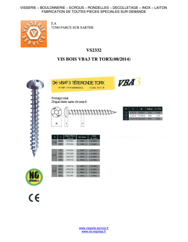 Parafuso de madeira aglomerado VBA3 cabeça redonda TORX 5X40 TORX T20 Aço zinco branco