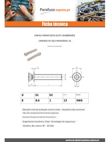 Parafuso de metais Seguro auto-aperto hexagonal oco Aço inoxidável A2 M8X40