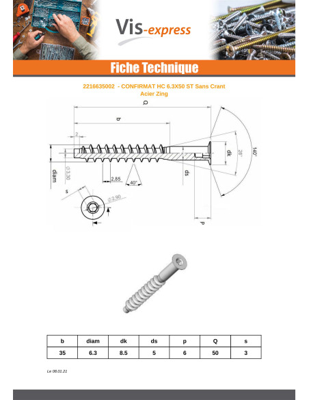 Parafuso autorroscante confirmat cabeça fresada hexagonal oco 6,3X50 rede de chapa SS dentado Aço zinco branco