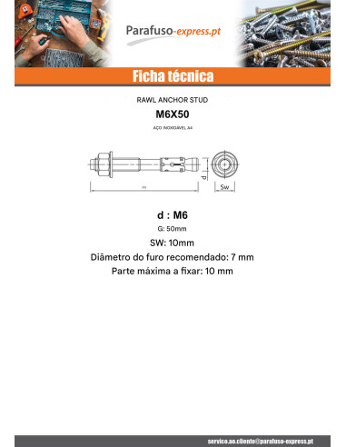 Bucha metálica Fixações M6X50 Aço inoxidável A4 RAWLPLUG