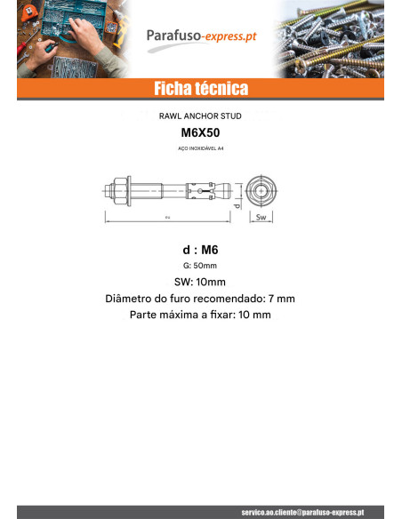 Bucha metálica Fixações M6X50 Aço inoxidável A4 RAWLPLUG