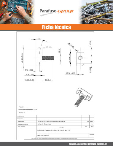 Parafuso de metais cabeça martelo M10X35 Aço inoxidável