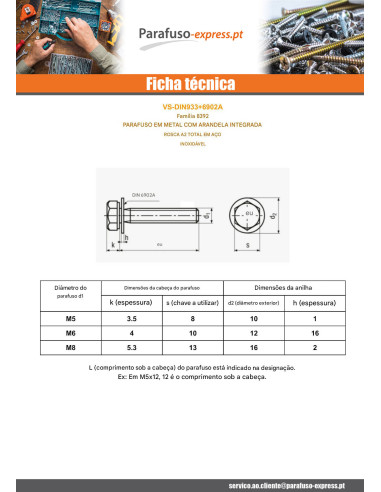 Parafuso de metais cabeça hexagonal rosca total com RD IMP M5X12 Aço inoxidável A2