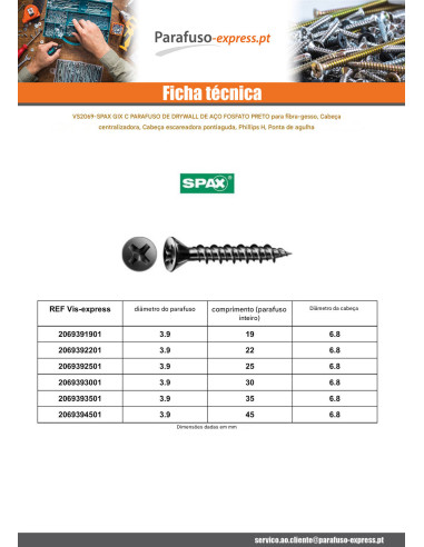 Parafusos para placas de gesso Spax Phillips 2 3,9 x 25 Aço fosfatizado GIX-C