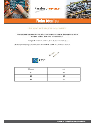 Parafuso de betão cabeça fresada TORX T30 Aço inoxidável A4 7,5X65 roscado sobre 10