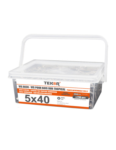Balde de 230 Parafuso de terraço pico cut TEKOR 5X40 cut ponto antifenda tipo 17 Aço inoxidável C1 AISI 410 cabeça