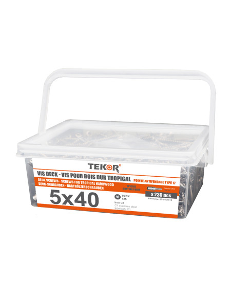 Balde de 230 Parafuso de terraço pico cut TEKOR 5X40 cut ponto antifenda tipo 17 Aço inoxidável C1 AISI 410 cabeça