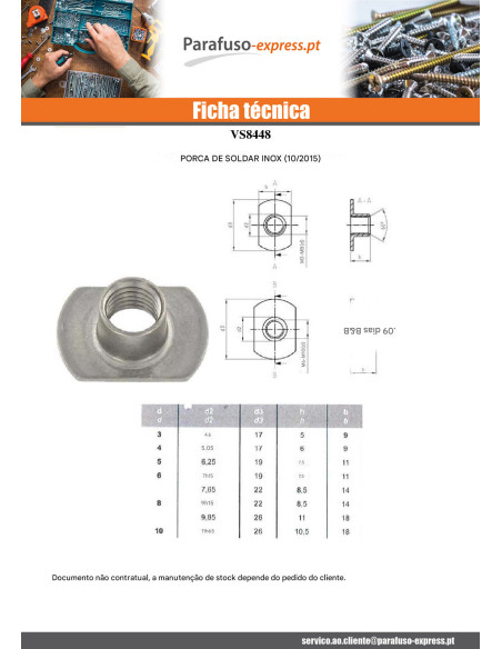 Porca cilíndrica de soldar M4 17X9 alto 6 Aço inoxidável A2