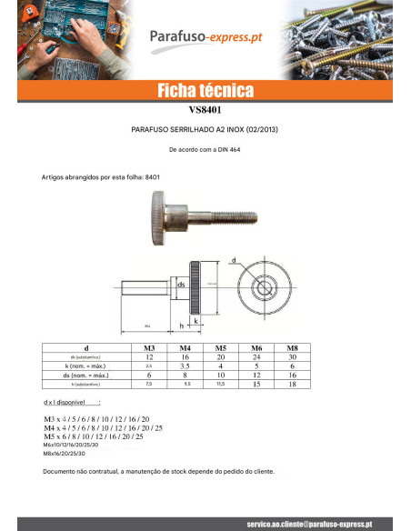 Parafuso de metais recartilhada M8X30 Aço inoxidável A1