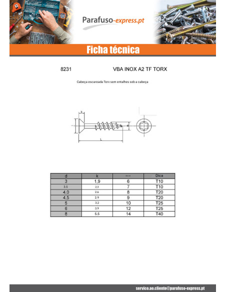 Parafuso de madeira aglomerado Aço inoxidável A2 cabeça fresada 6X140 roscado sobre 70 TORX T25