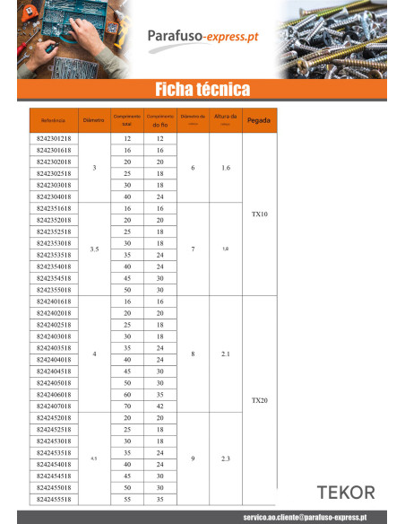 Parafusos de madeira e aglomerado TEKOR Aço inoxidável A2 cabeça fresada dentado TORX T10 3,5 x 25 roscado sobre 18