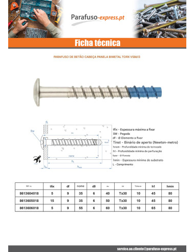 Parafuso de betão cabeça cabeça panela TORX TORX T30 6X40 Bimetal