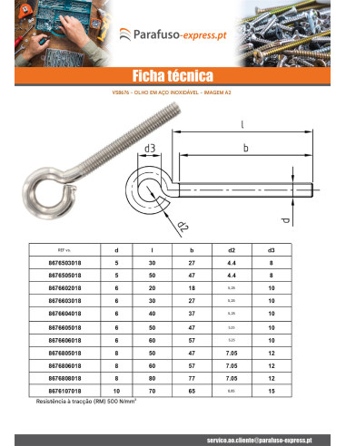 Pitão metais M6X30 olho 10 Aço inoxidável A2 - Parafuso Express
