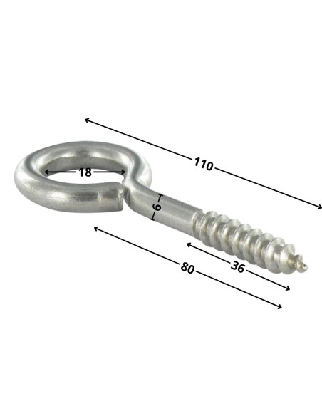 Pitão madeira 6X80 roscado sobre 36 comprimento total 110 olho 18 Aço inoxidável A2