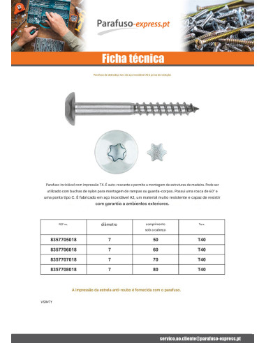 PARAFUSO dobradiça Seguro 2 peças TORX Aço inoxidável A2 7X70 Aço inoxidável A2
