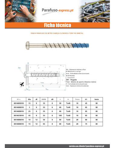 Parafuso de betão cabeça cilíndrica TORX T40 8X60 Bimetal