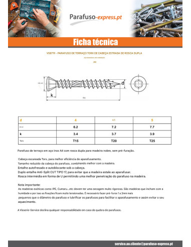 Parafuso de terraço pico cut rosca dupla cabeça fresada TORX T25 5X50 Aço inoxidável A4 T17