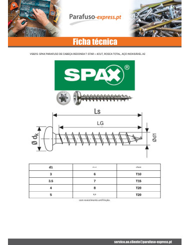 Spax Parafuso de madeira cabeça redonda T-STAR+ TORX T20 5X50 Aço inoxidável A2