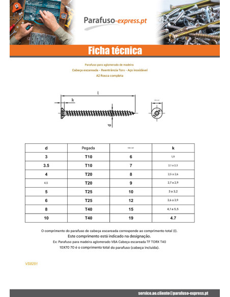 Parafuso de madeira aglomerado cabeça fresada TORX T10 3,5 x 12 rosca total Aço inoxidável A2