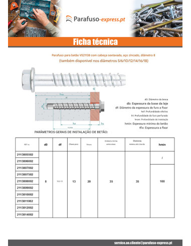 Parafuso de betão cabeça hexagonal flange com gola T13 8X120 Aço zinco branco