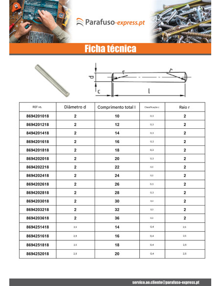Cavilha cónico 2X16 Aço inoxidável A1 - Parafuso Express