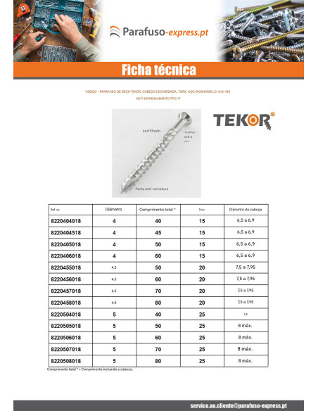 Parafuso de terraço pico cut TEKOR cabeça fresada de panela TORX T15 4X60 cut ponto antifenda tipo 17 Aço