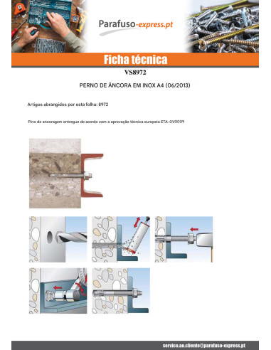 Bucha metálica Fixações M10X60 Aço inoxidável A4