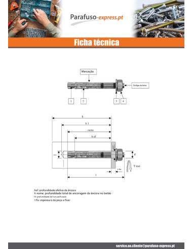 Bucha metálica Fixações M10X60 Aço inoxidável A4