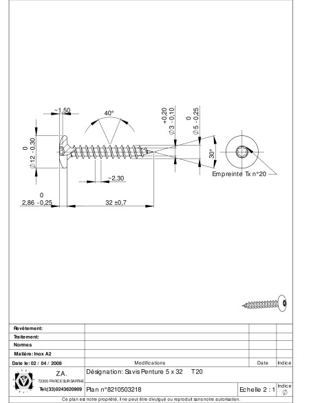 PARAFUSO dobradiça 5X32 rosca total TORX T20 Aço inoxidável A2