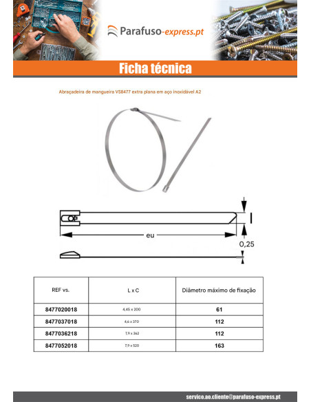 Abraçadeira extra plano 7,9 x 520 Aço inoxidável A2