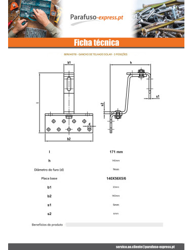 Gancho de para telhados VARIO 140X56X5 /6 Aço inoxidável A2