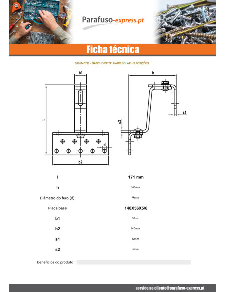 Gancho de para telhados VARIO 140X56X5 /6 Aço inoxidável A2