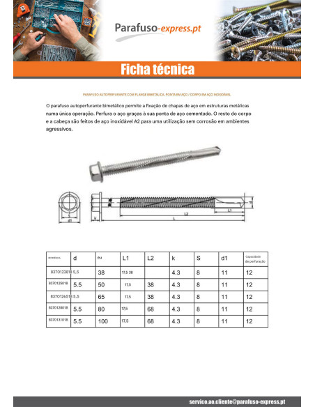 Autoperfurante Bimetal cabeça hexagonal flange com gola 5,5 x 50 Bimetal Aço / Aço inoxidável A2